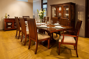 The Elwood Collection is inspired by country-style furniture. The strong lines of the panelling & subtle mouldings exudes warmth & casual elegance to your interior setting.
<br>
<br> Items:
<br> Extendable Dining Table: 6 to 8 seater (190-240Wx120Dx76H) & 8-10 seater (240-290Wx120Dx76H cm)
<br> Chairs & Armchairs
<br> Sideboard/Crockery Cabinet: 3-door (160W x 40D x 90H)
