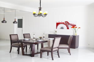 The Carlton provides the best blend of form & comfort. The upholstered paddings provides comfort, whilst softening the strong wooden frame.  Best done in darker wood tones. <br>

<br>Dining Table for 6 - Size: 180x105x76H cm.  Dining Table for 8 - Size: 210x110x76H cm.
<br>Dining Chairs - Size: 47x55x100H cm
<br>Sideboard - Size: 160x50x90H cm