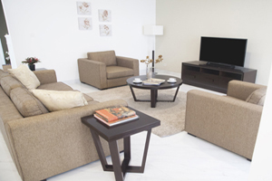 The Carlton provides the best blend of form & comfort. The upholstered paddings provides comfort, whilst softening the strong wooden frame.  Best done in darker wood tones. <br>

<br>Items: 
<br>Coffee Table -  Size: Diameter 90x40H cm.
<br>Side Tables - Size: 45x45x55H cm.
<br>TV Sideboard - Size: 150x50x57H cm.